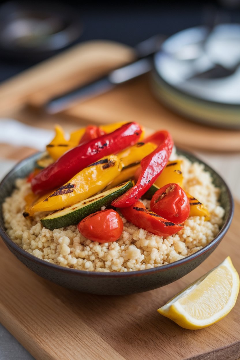 Indoor bowl of fluffy couscous topped with colorful grilled vegetables and a lemon wedge. No logos.