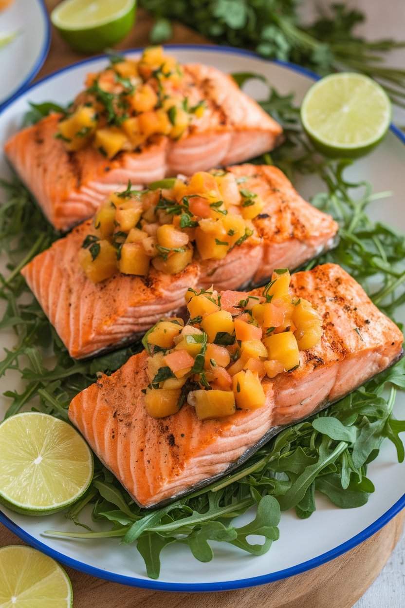 An indoor platter displaying grilled salmon fillets topped with chunky papaya-lime salsa, vibrant colors contrasting. No text or logos present.