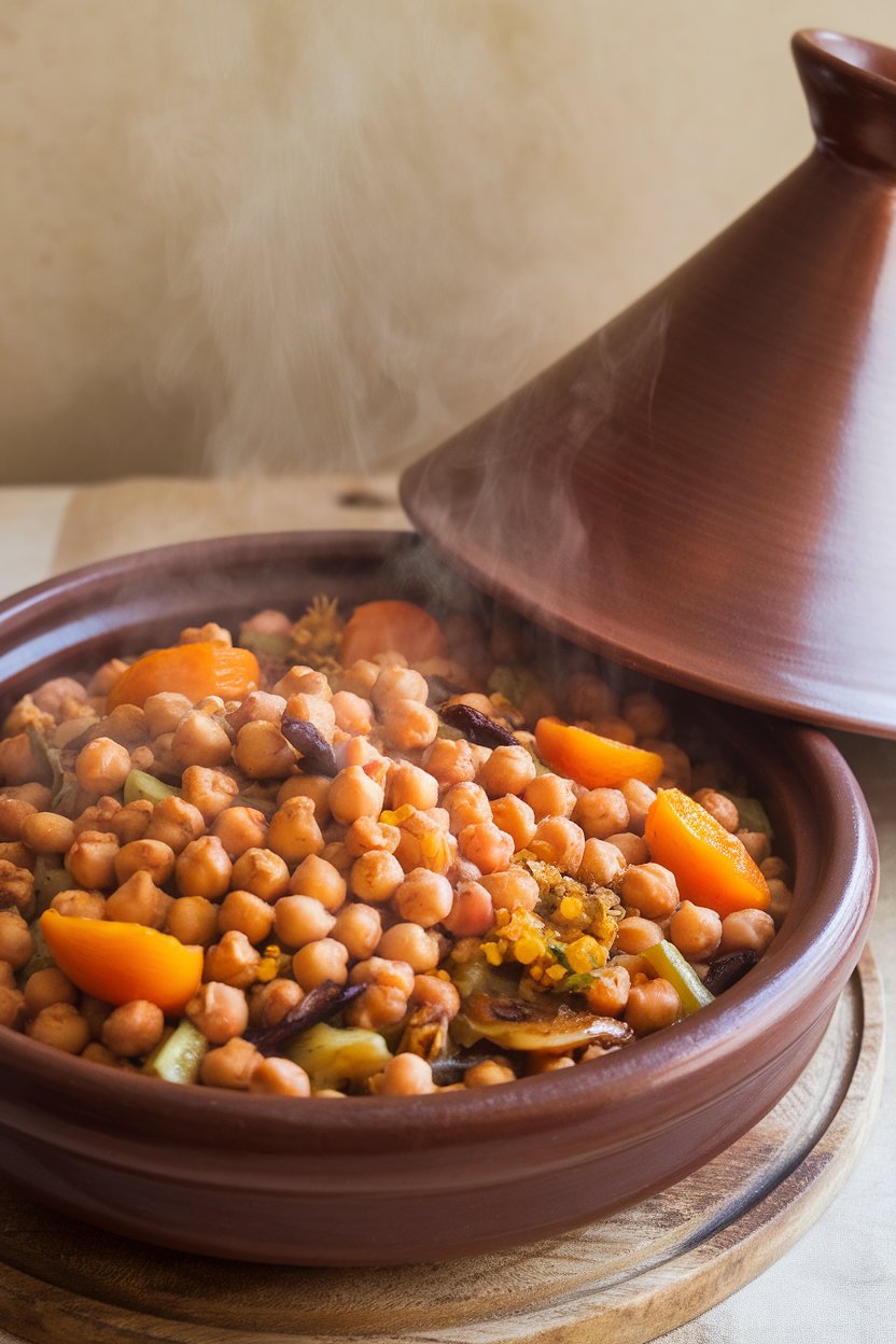 Indoor photo of a tagine bowl filled with spiced chickpeas, apricots, and vegetables, steam rising, no text or logos.