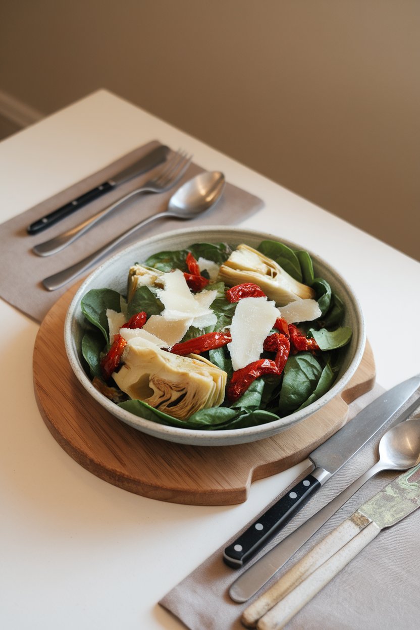 Indoor dining table showing a bowl of baby spinach, marinated artichoke hearts, sliced sun-dried tomatoes, and shaved Parmesan. Photo only, no text or logos.