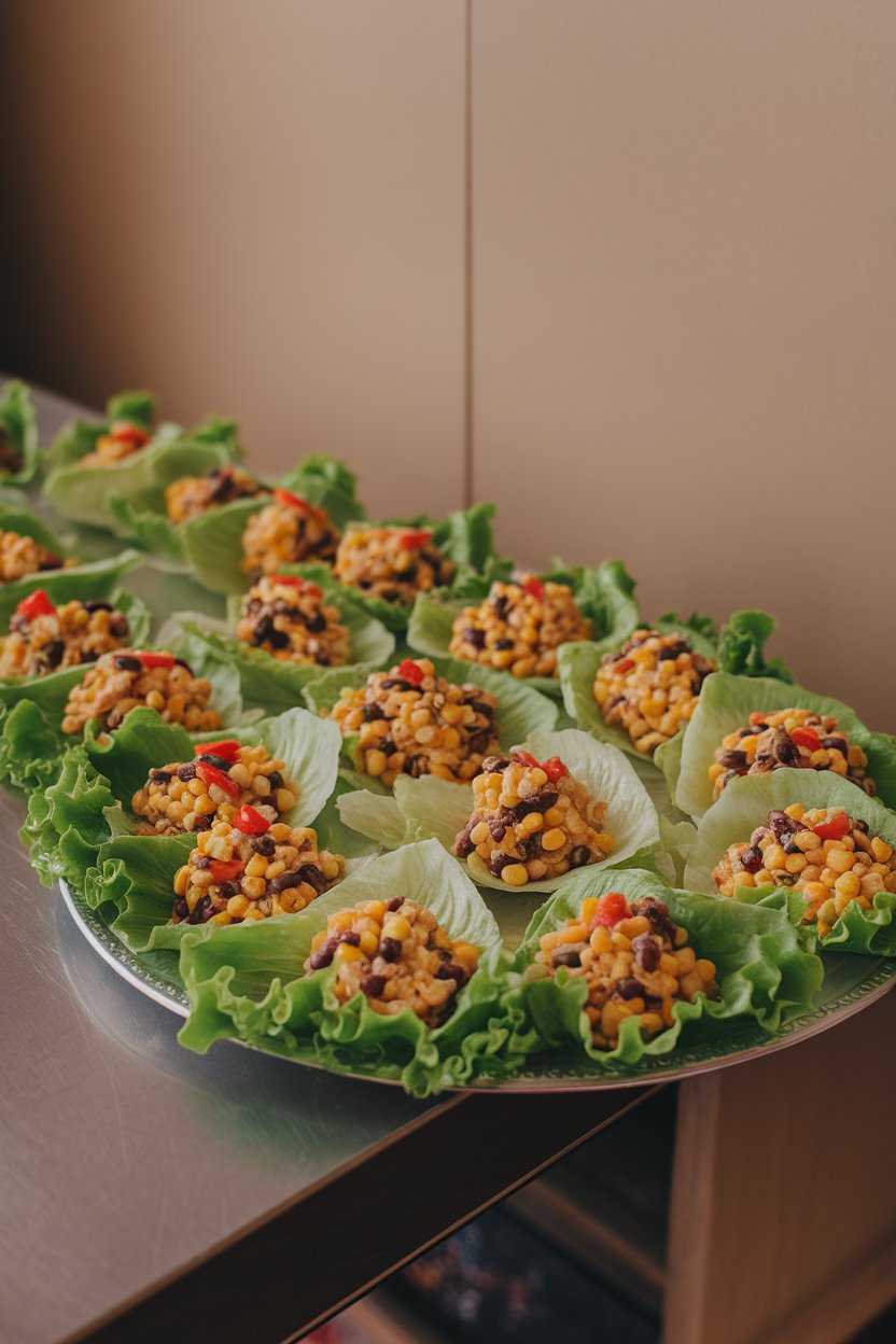 A platter on an indoor table lined with lettuce leaves each holding a scoop of corn and black bean salad dotted with red pepper. No text or logos. Photo.