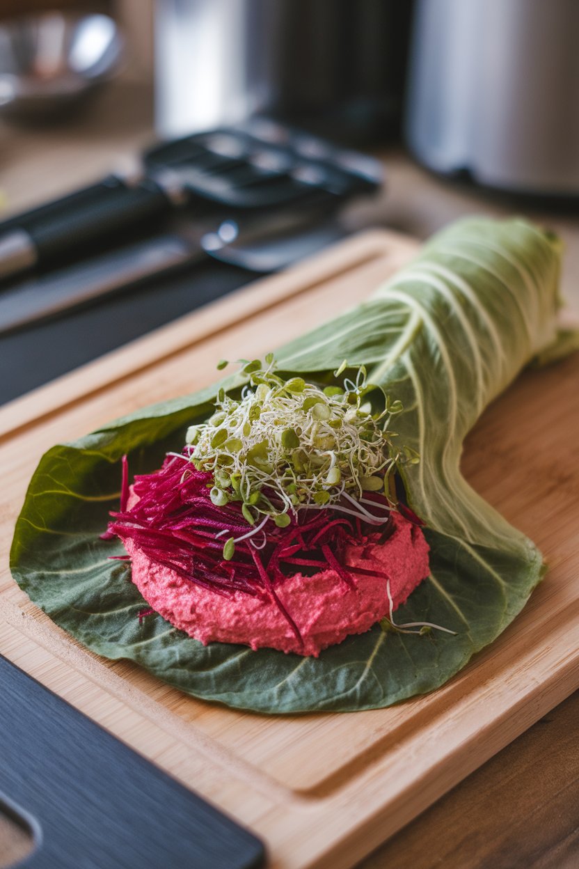 Indoor cutting board holding large collard leaves filled with hummus, shredded beet, cucumber, and sprouts, ready to roll. No text or logos; photo.