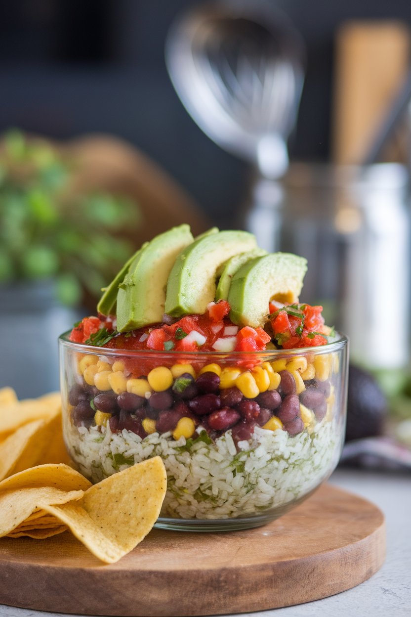 An indoor bowl layered with cilantro rice, spiced black beans, corn, and salsa, topped with avocado slices; photo only, no text or logos.