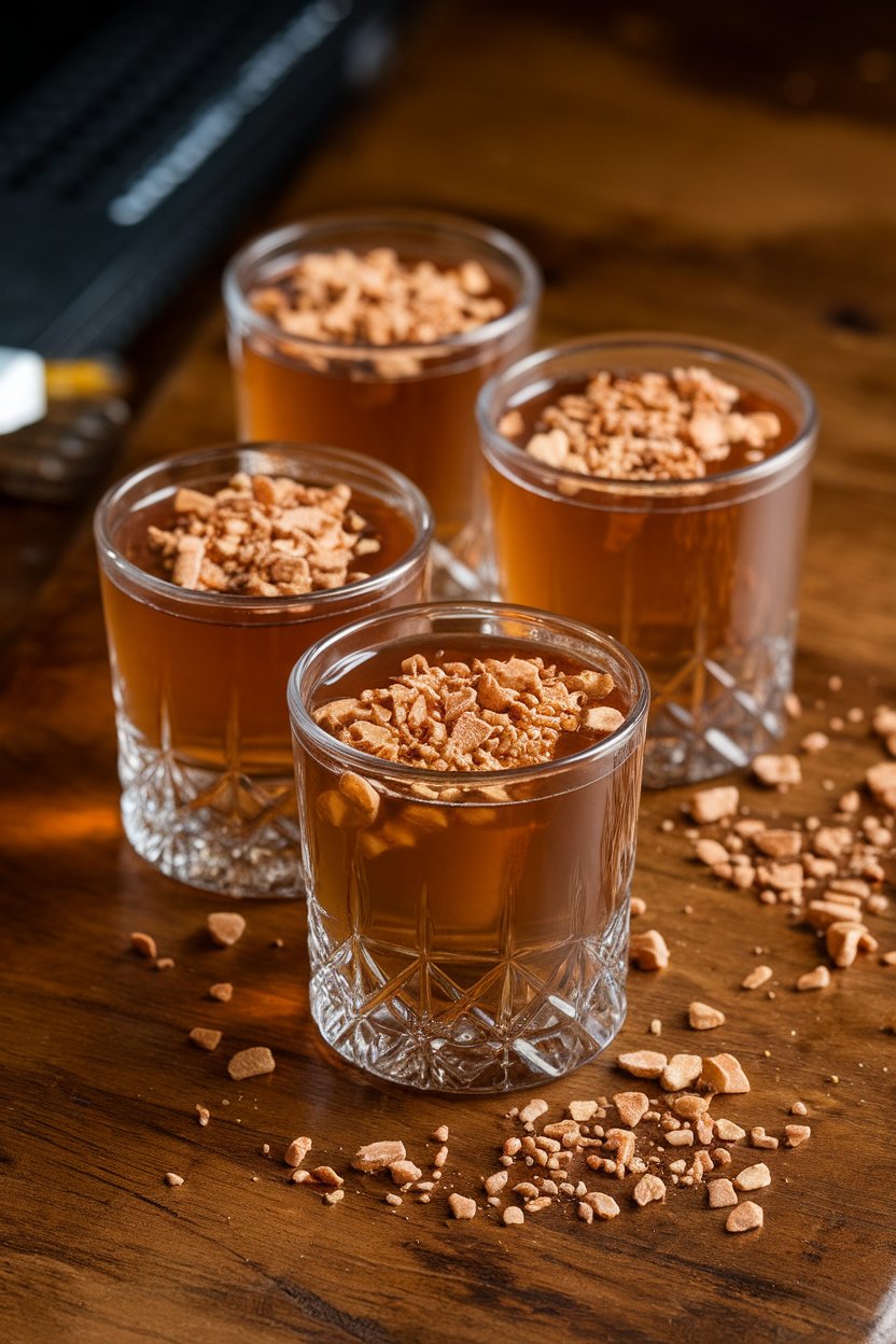 Photo of tawny shots with crushed praline sprinkle, indoor bar; no text or logos.