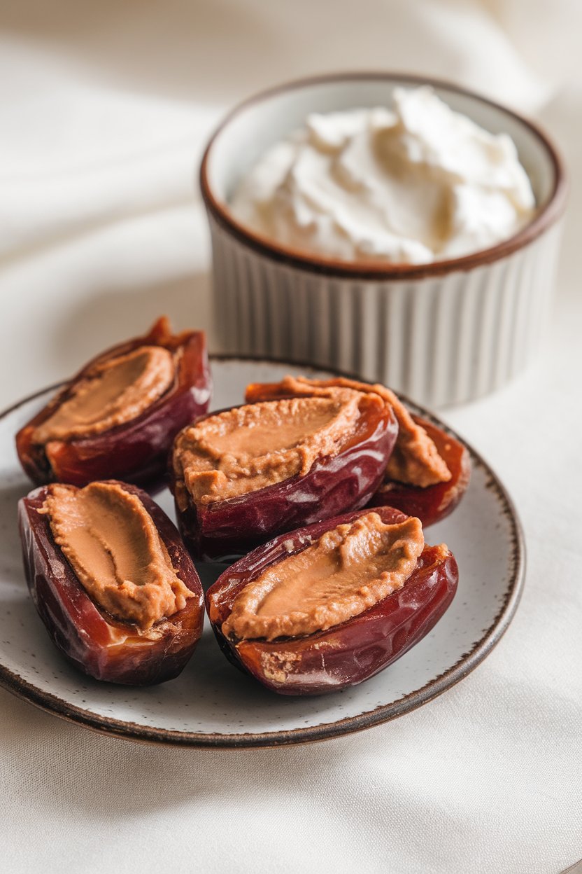 Indoor photo of a small plate showing halved Medjool dates filled with almond butter, next to a ramekin of cottage cheese, close-up, no text or logos