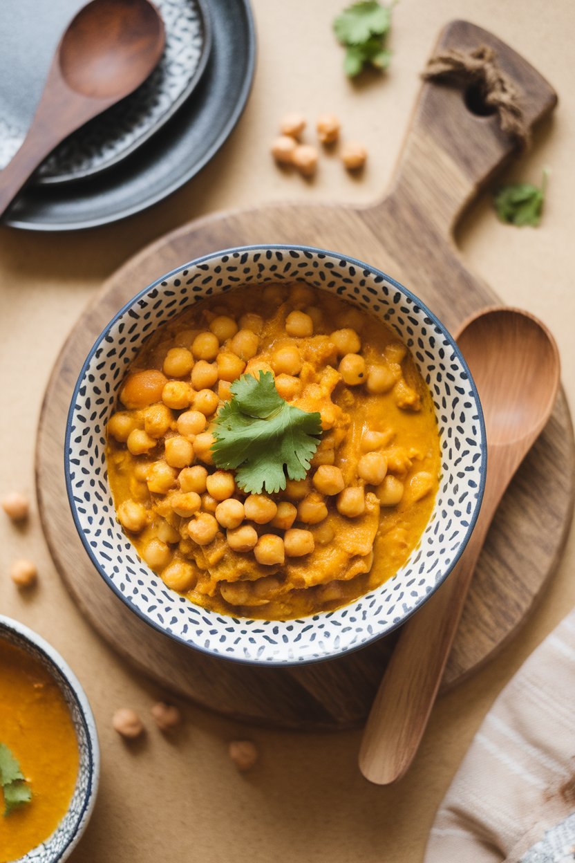 An indoor kitchen top view of a bowl of Moroccan chickpea stew, turmeric hues and cilantro garnish; no logos. Photo.
