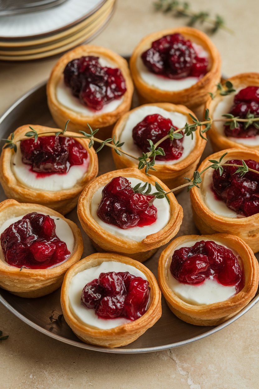 Indoor platter of puff pastry cups filled with melted Brie and cranberry sauce, thyme sprigs for garnish. No text or logos. Photo only.