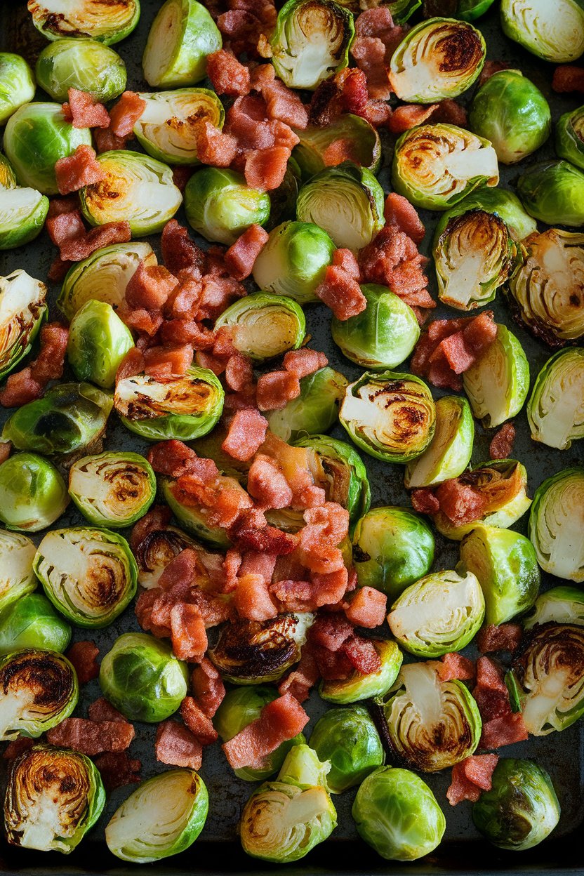 An indoor roasting tray of halved Brussels sprouts tossed with crisp pancetta bits, slight char visible. No text or logos. Photo only.