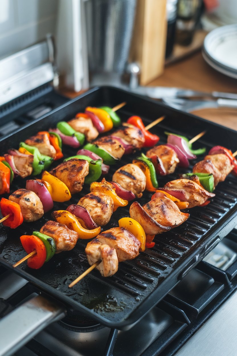 Photo of an indoor grill pan on a stovetop cooking marinated chicken kebabs with colorful peppers and onions. No text or logos visible.