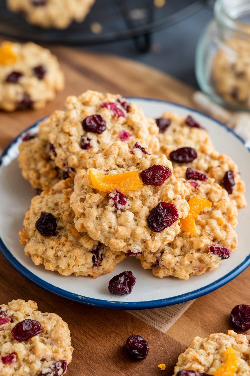 An indoor platter of quinoa flake cookies studded with dried cranberries and orange zest, photo only, no text or logos.