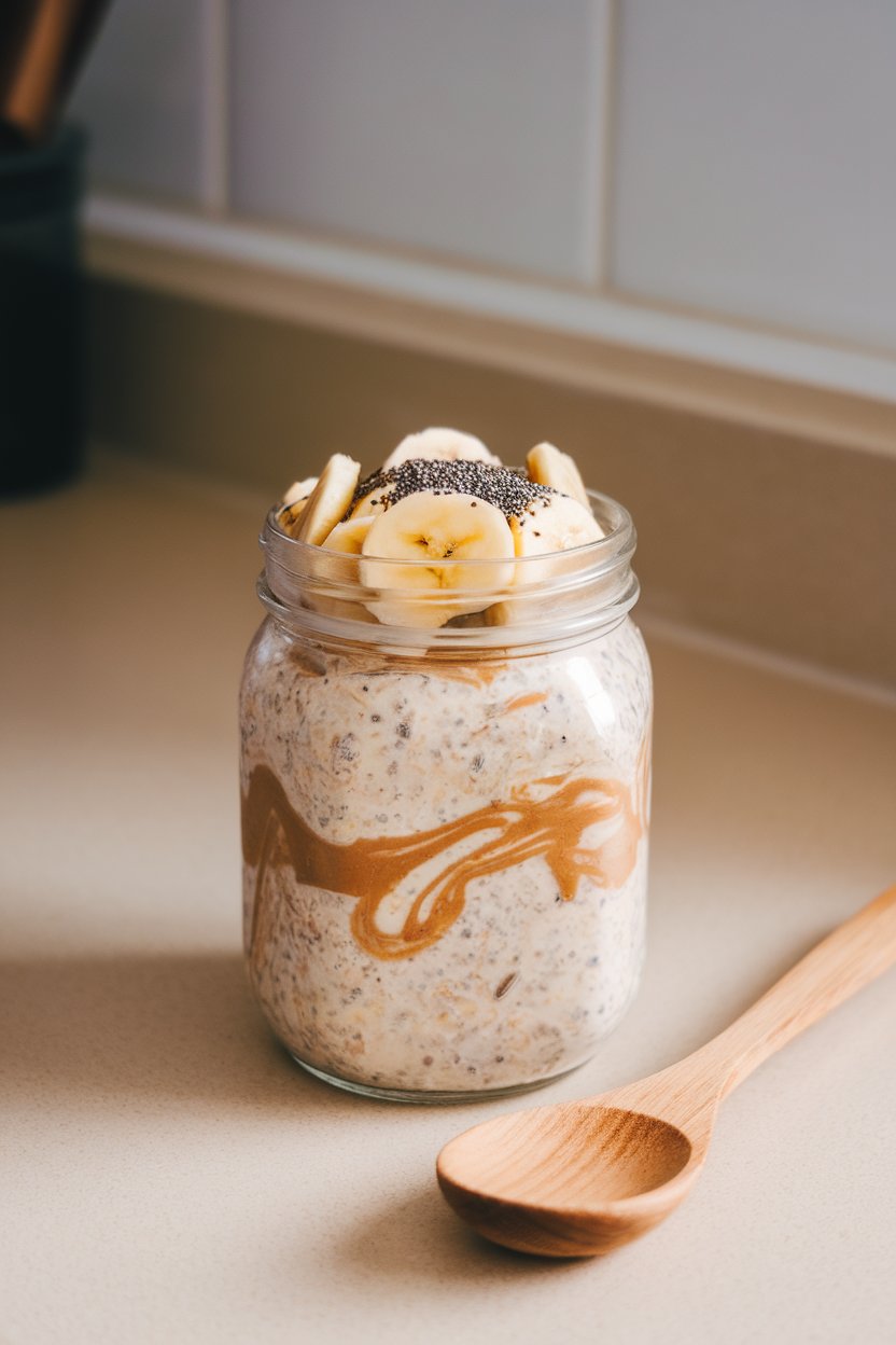 A mason jar on an indoor countertop filled with overnight oats swirled with almond butter, topped with banana coins and chia seeds. No text or logos. Photo, not illustration.
