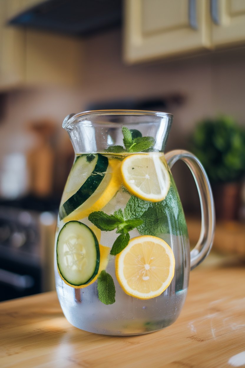 A clear glass pitcher indoors filled with water, cucumber ribbons, mint sprigs, and lemon slices, no labels.