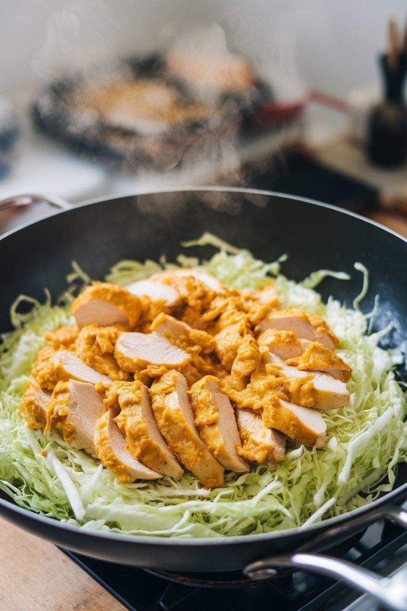 Indoor photo of a wok filled with shredded cabbage and sliced chicken breast coated in golden turmeric sauce, steam visible. No text or logos.