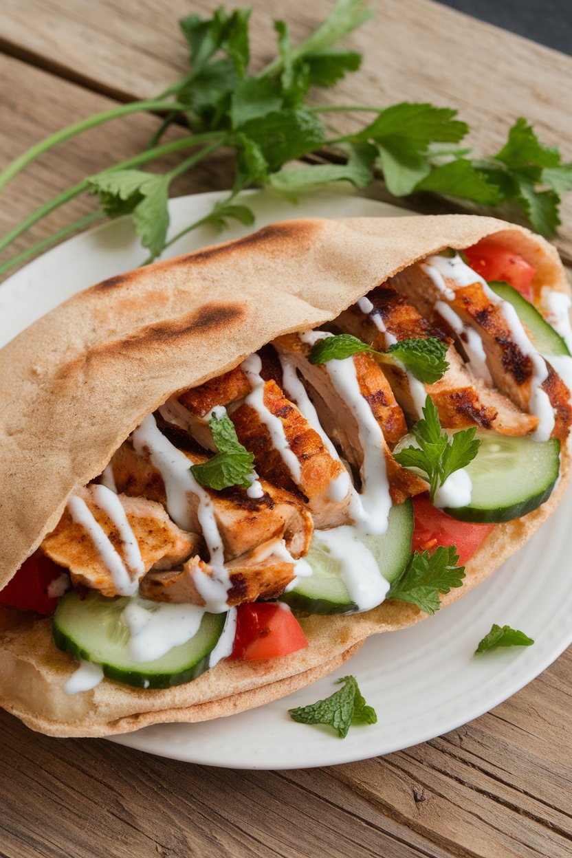 Indoor counter with open whole-wheat pita stuffed with grilled chicken strips, cucumber, tomatoes, and a drizzle of yogurt sauce. No text or logos visible.