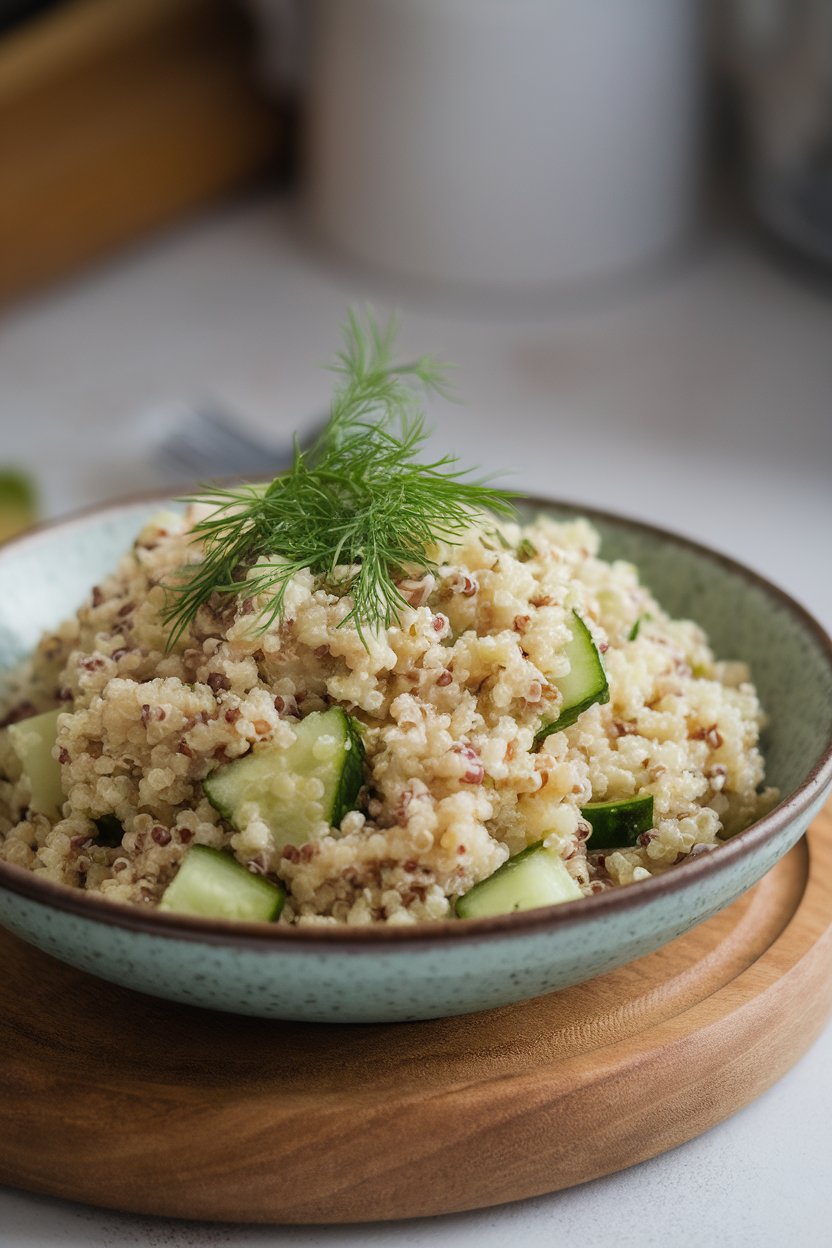 Photo of quinoa salad speckled with cucumber chunks and dill, served in a bowl indoors. No text or logos visible.