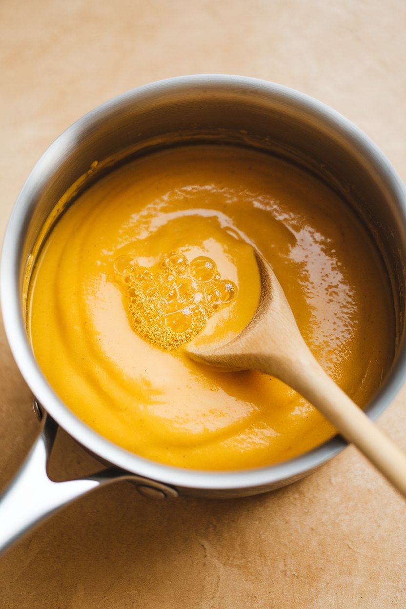 Indoor photo of a small saucepan of silky yellow nutritional yeast cheese sauce, spoon dipped in, no text or logos
