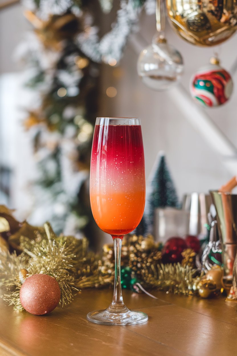 An indoor festive bar with a flute showing gradient Tequila Sunrise hues from orange to ruby, tiny bubbles throughout. No text or logos.