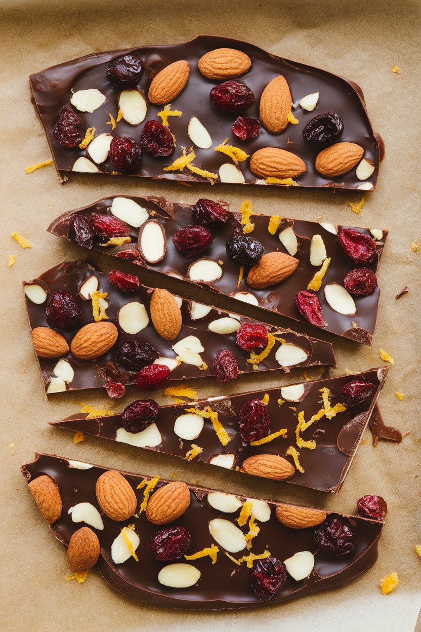 Indoor baking sheet with thin dark chocolate bark studded with nuts and dried fruit. No text or logos.
