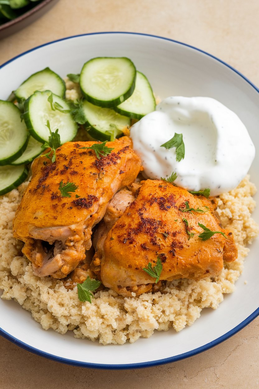 Indoor shot of turmeric-spiced chicken thighs over couscous, cucumber salad, and a dollop of Greek yogurt. No text or logos.