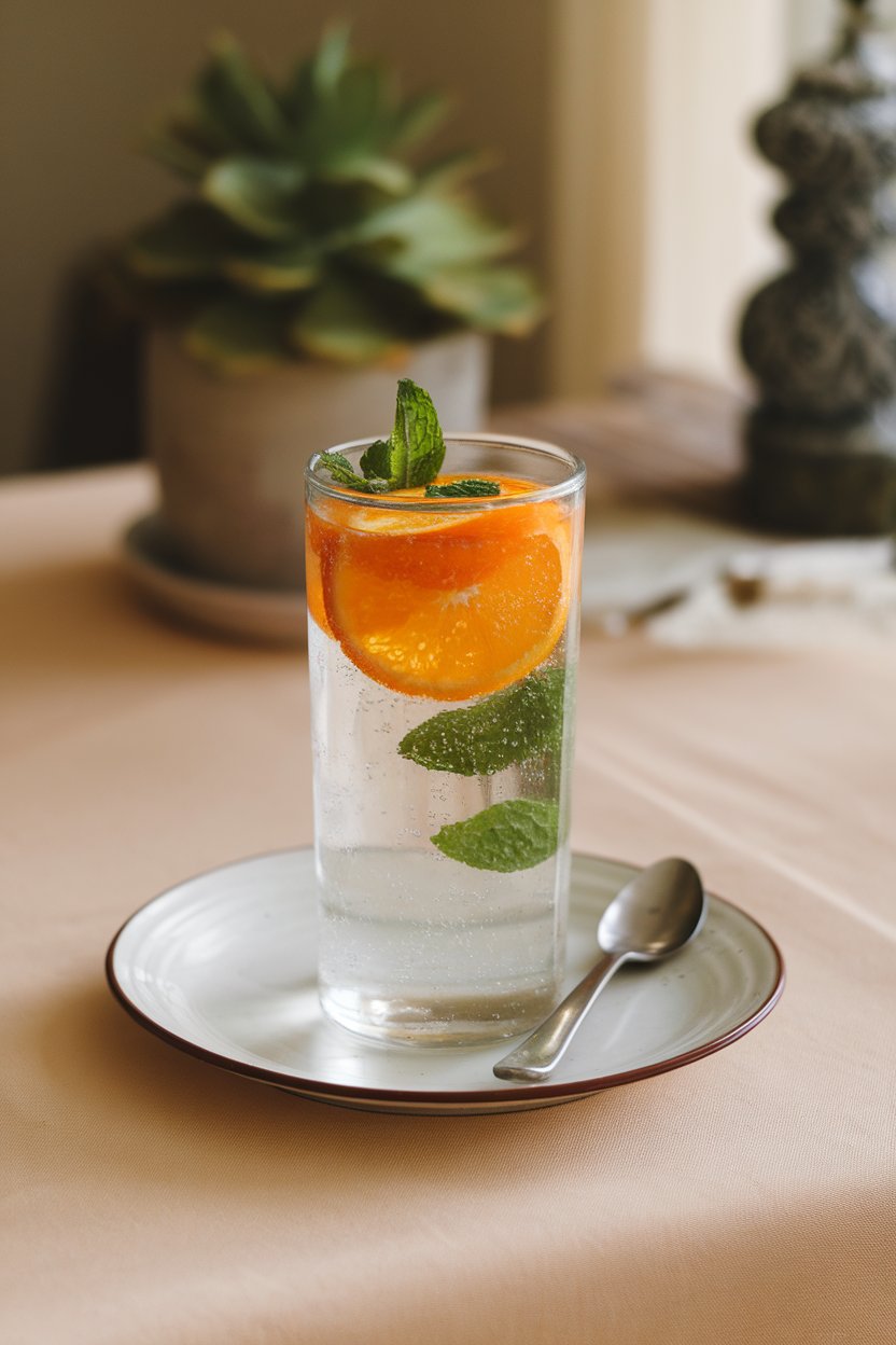 Indoor photo of a tall glass of sparkling water with floating orange slices and mint leaves on a dining table, no text or logos.