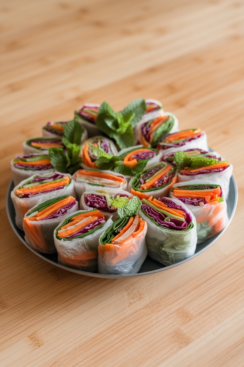 An indoor countertop with a platter of rice-paper rolls showing colorful layers of carrot, bell pepper, purple cabbage, and fresh mint. No text or logos in sight. Photo only.