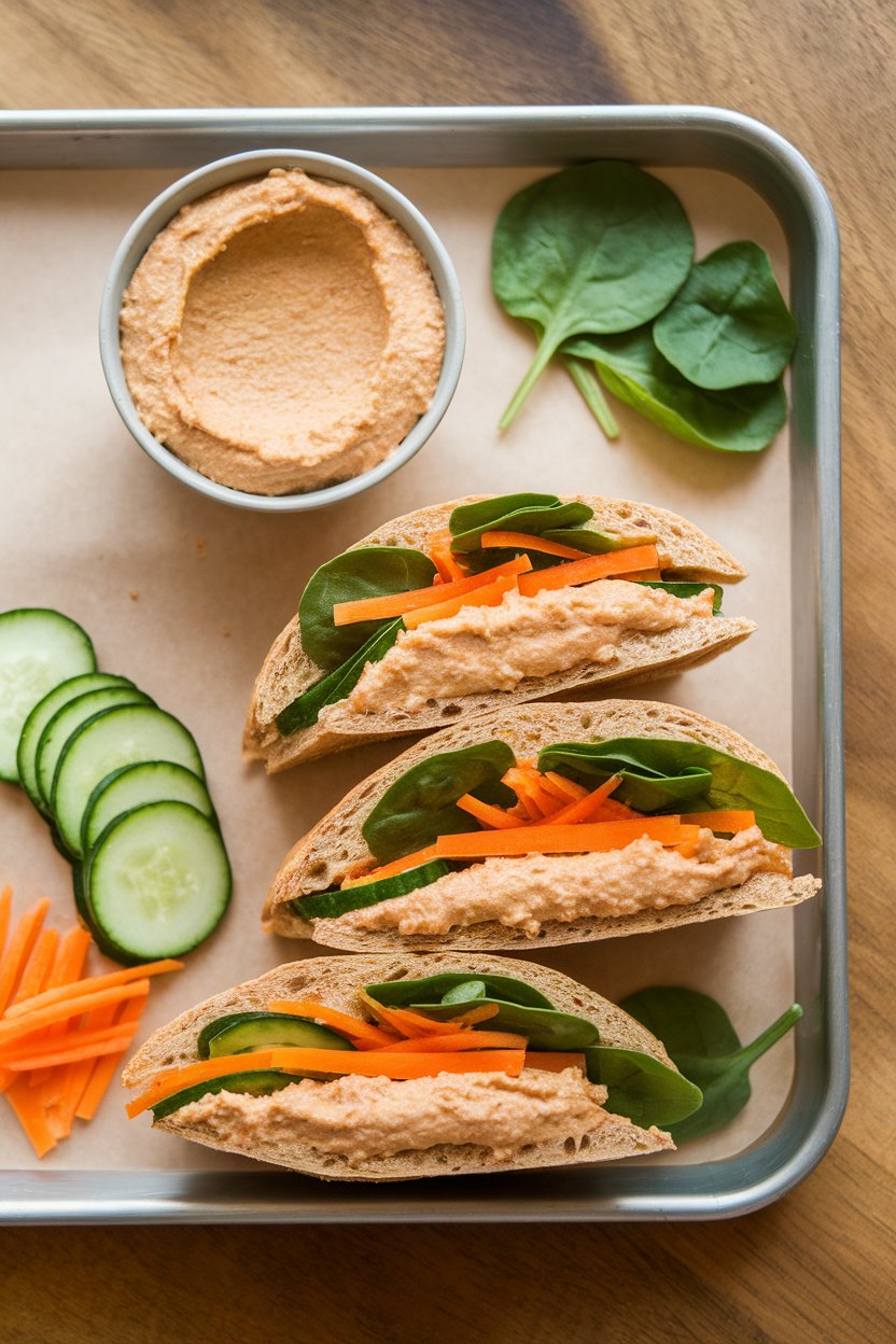 An indoor lunch tray with whole-wheat pita halves stuffed with hummus, cucumber ribbons, shredded carrot, and baby spinach. No text or logos present. Photo only.
