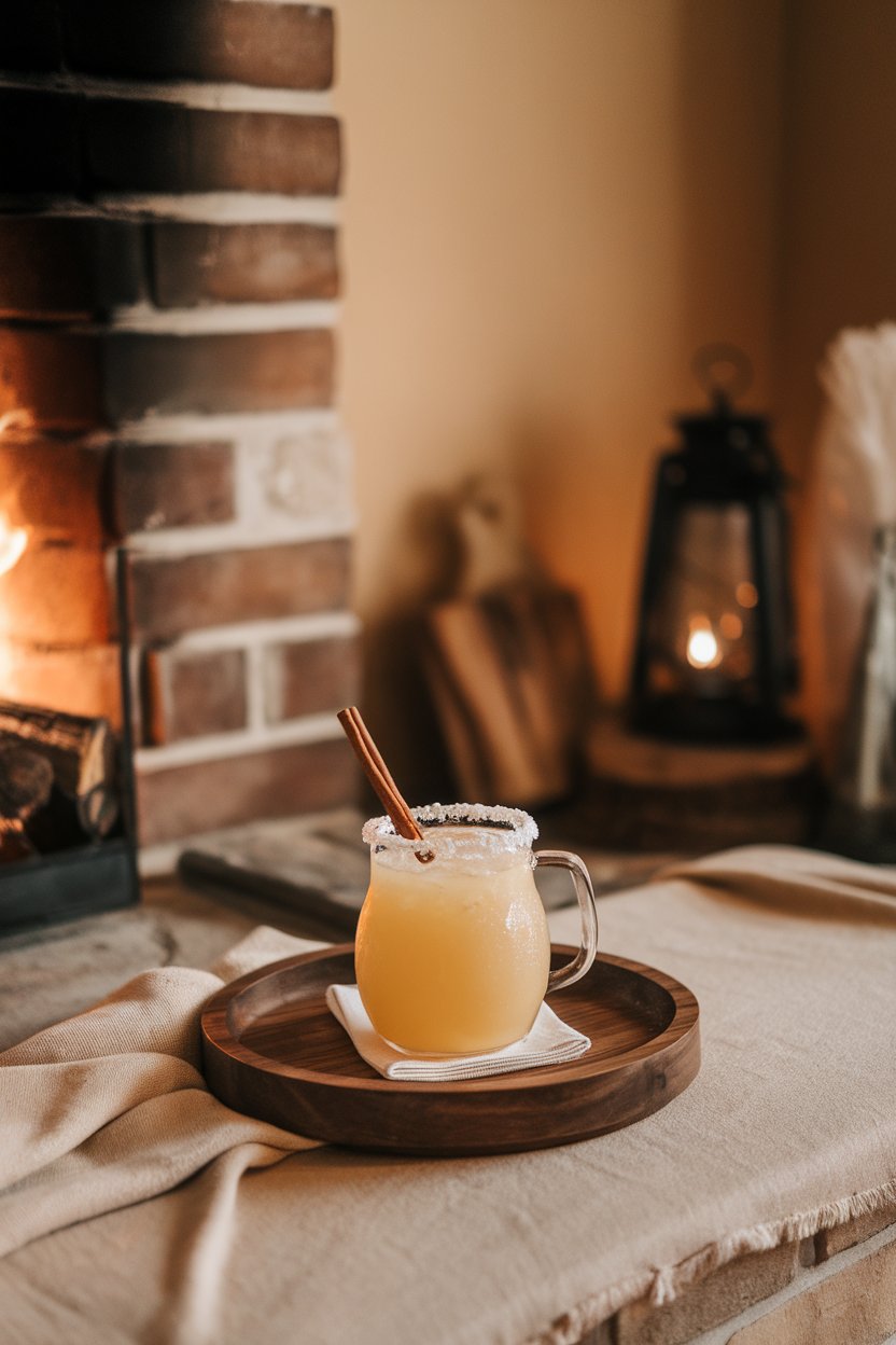 Indoor fireside scene, heat-proof glass mug of buttery golden margarita, cinnamon stick stirrer; no logos.