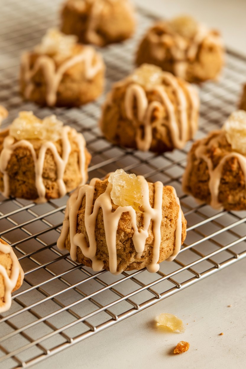 Mini ginger scone cookies drizzled with maple glaze on an indoor cooling rack, pieces of crystallized ginger visible. No branding.
