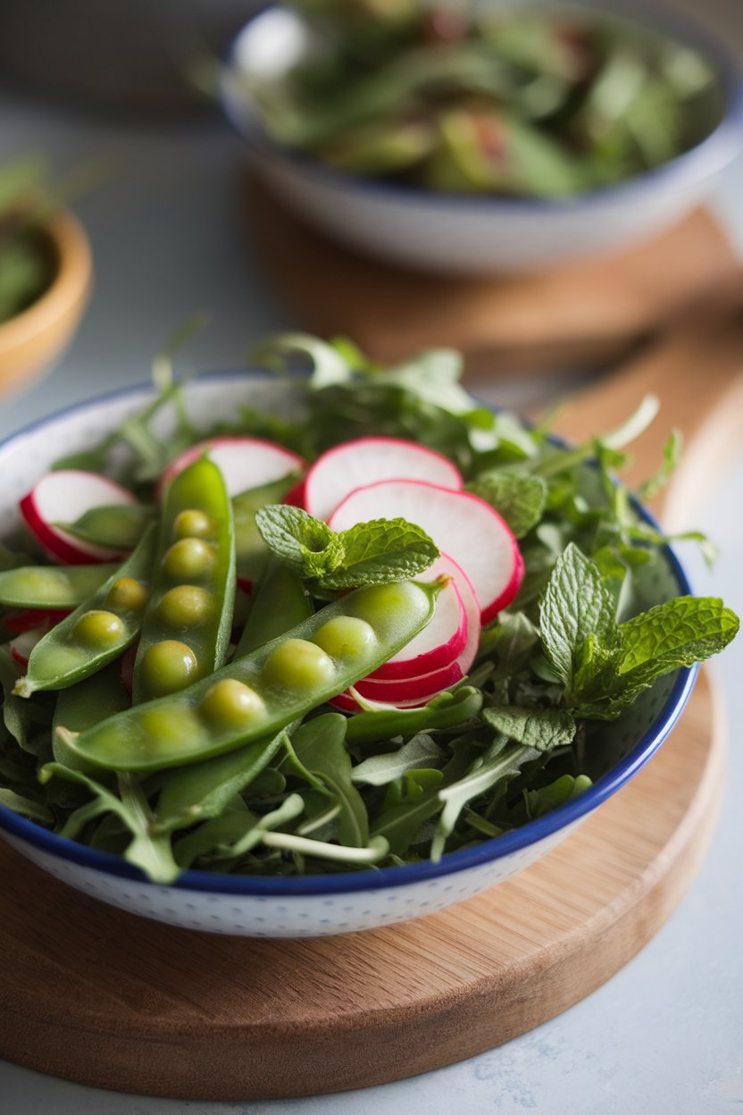 Photo of sugar snap peas, radish slices, and mint leaves on arugula indoors, no text or logos.