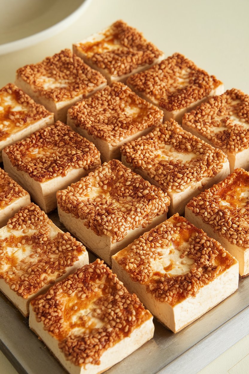 Photo of rectangular tofu pieces coated in sesame seeds, baked to golden brown, arranged indoors on a serving board. No text or logos present.