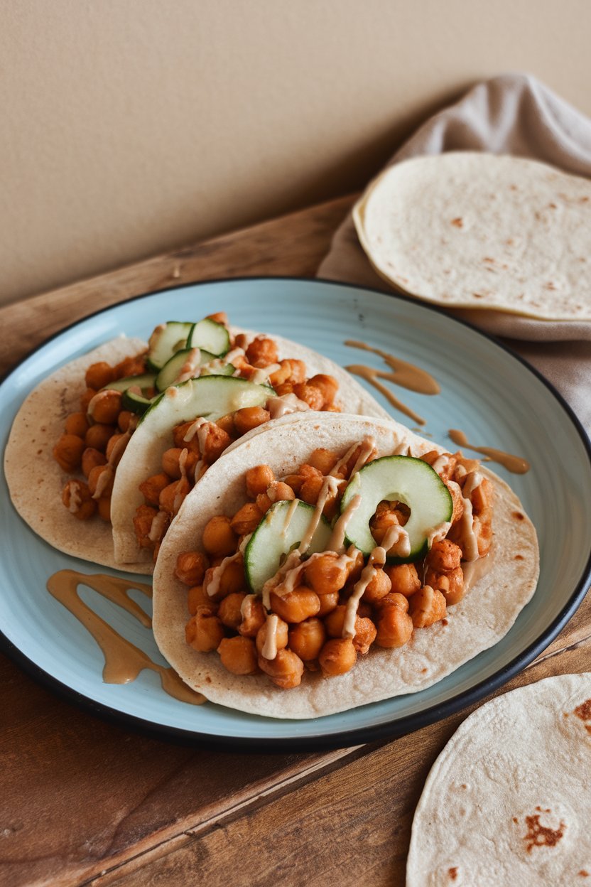 Photo of indoor scene showing soft tortillas loaded with spiced chickpeas, cucumber ribbons, and tahini drizzle. No text or logos.