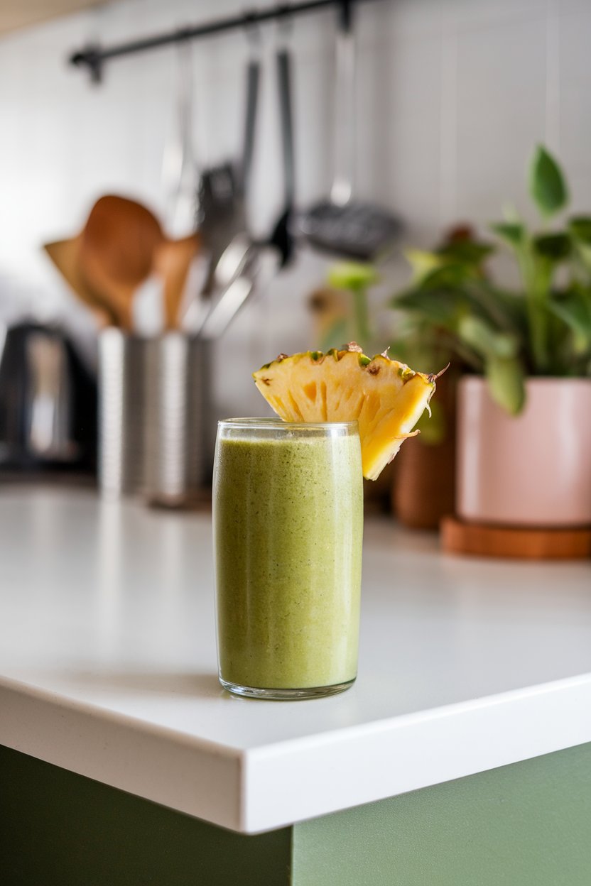 A glass of vibrant green smoothie on an indoor kitchen island, garnished with a pineapple wedge. No text or logos. Photo, not illustration.