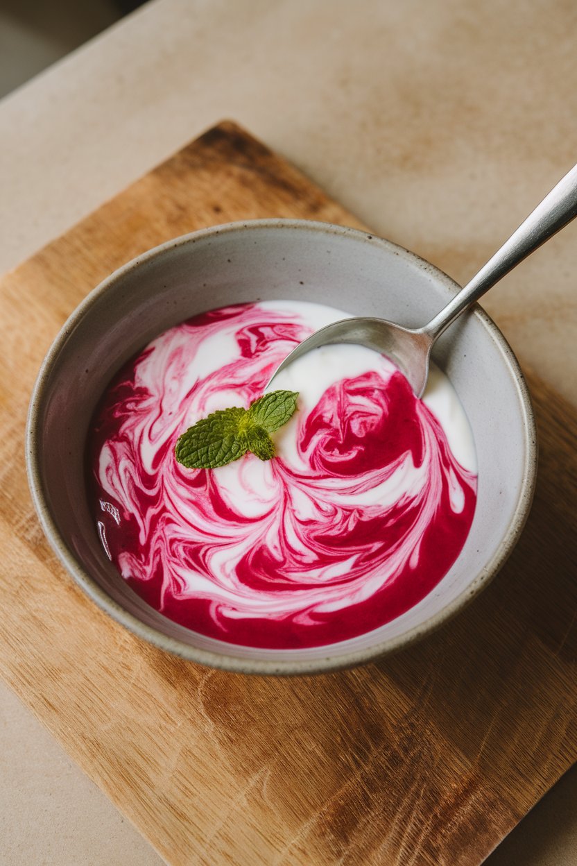 An indoor bowl with swirled pink compote spooned over thick yogurt, garnished with a single mint leaf. No logos or text.
