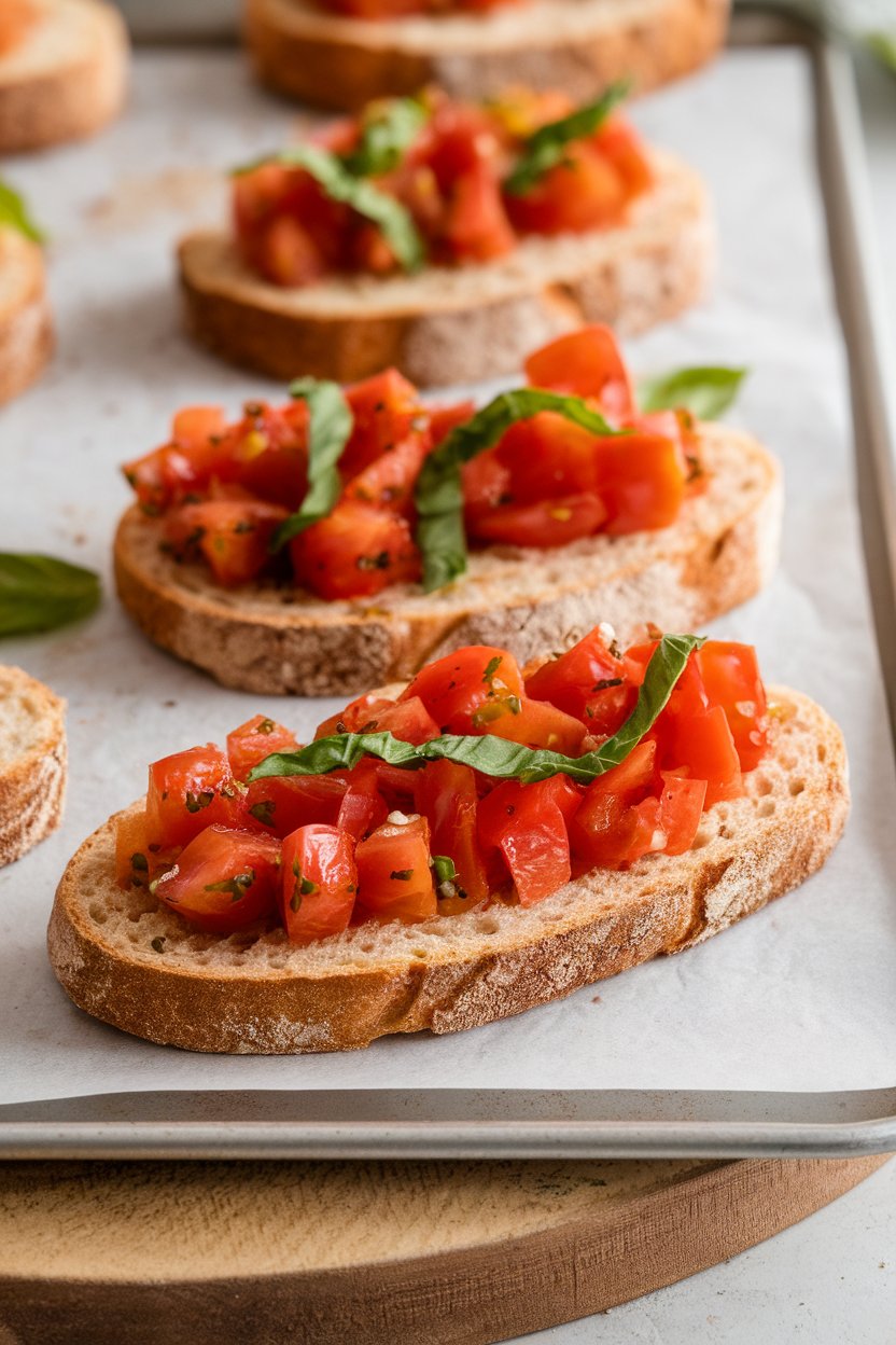 Indoor appetizer tray with whole-grain baguette slices topped with diced roasted garlic tomatoes and basil ribbons. No text or logos visible.