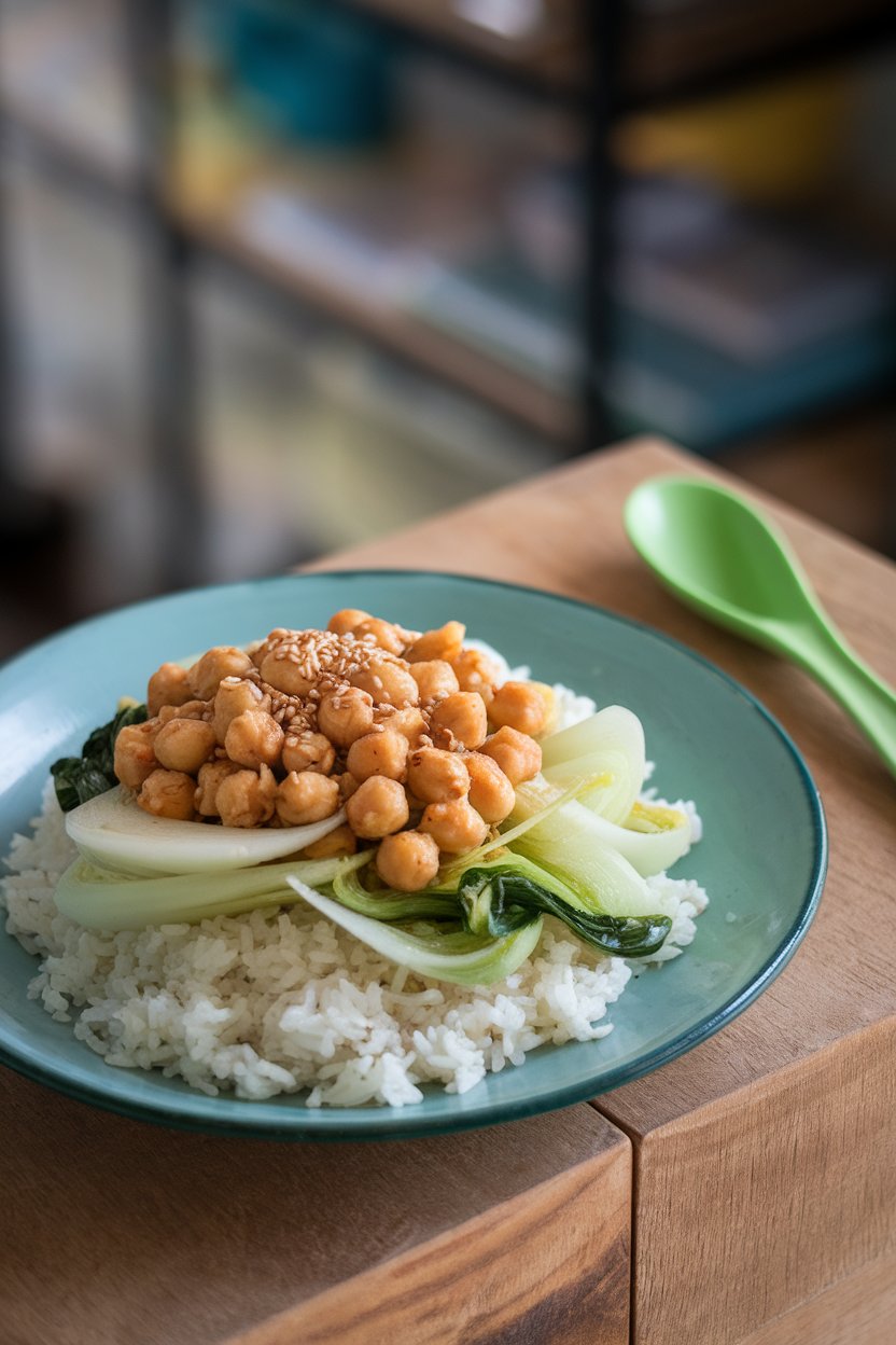 Indoor scene displaying jasmine rice topped with ginger-scallion sautéed chickpeas, shredded bok choy, and sesame seeds. No text or logos.