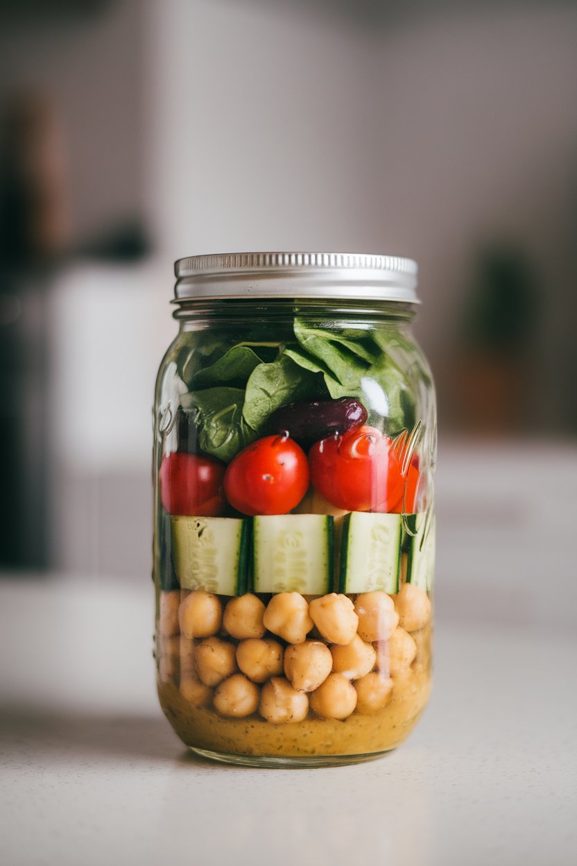 A clear mason jar on an indoor countertop layered from bottom to top with vinaigrette, chickpeas, cucumber cubes, cherry tomatoes, olives, and baby spinach. No text or logos. Photo, not illustration.