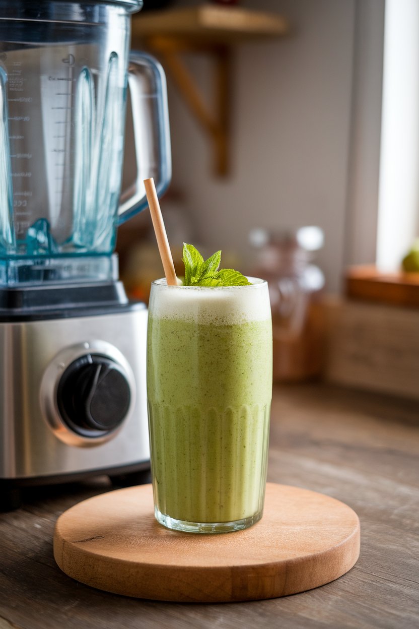 Indoor blender next to a tall glass filled with vibrant green smoothie and paper straw, condensation visible. No text or logos.