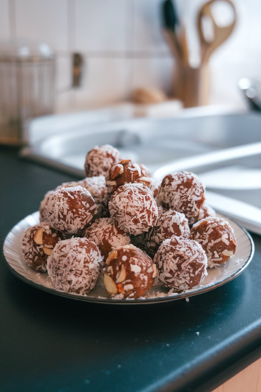 An indoor kitchen counter showing a plate of round energy balls made from dates, almonds, and cocoa, rolled in shredded coconut; no text or logos; photo