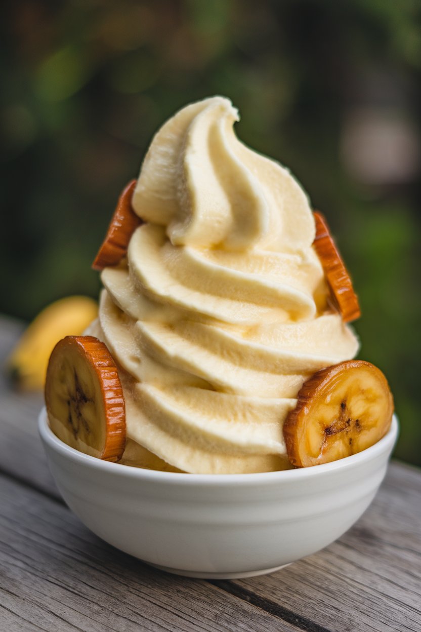 Photo of indoor bowl of creamy banana nice cream swirled with caramelized banana slices, no text or logos.