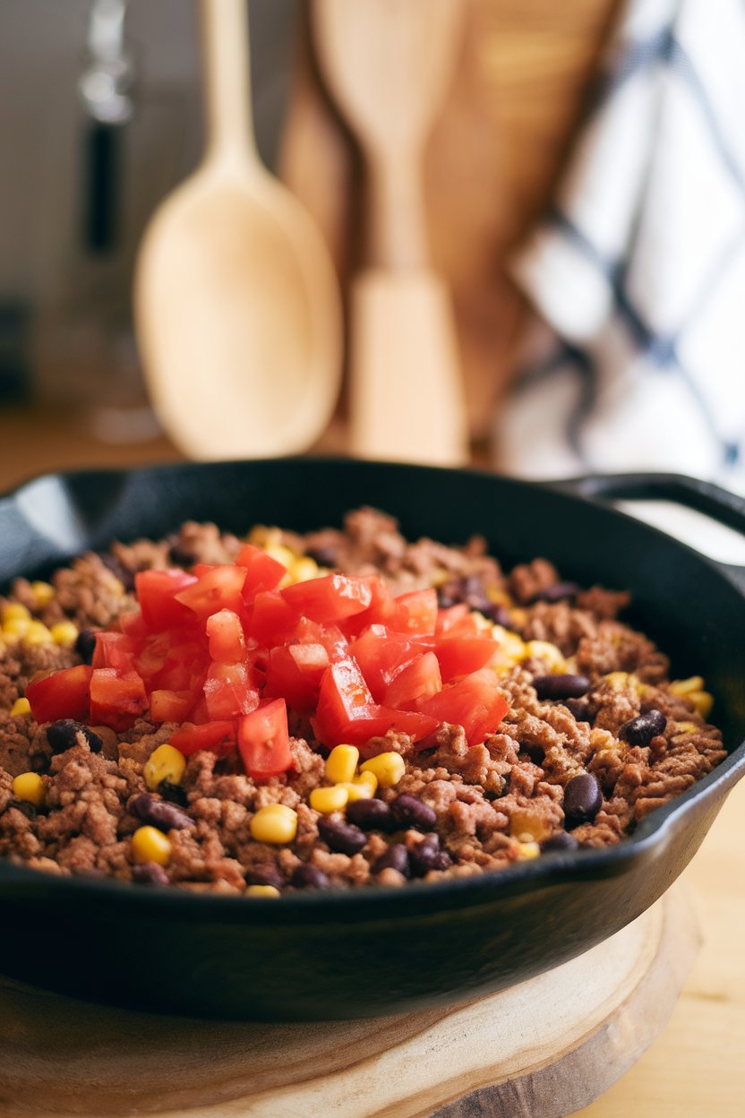 An indoor cast-iron skillet filled with seasoned ground turkey, black beans, and corn topped with diced tomatoes. No text or logos. Photo, not illustration.