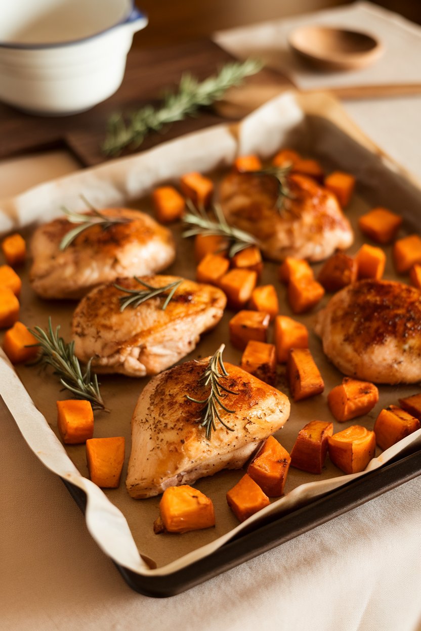 An indoor dining table showing a parchment-lined sheet pan filled with roasted chicken breasts, cubed sweet potatoes, and rosemary sprigs. Golden hues dominate, and no branding or text appears on cookware or dishes.