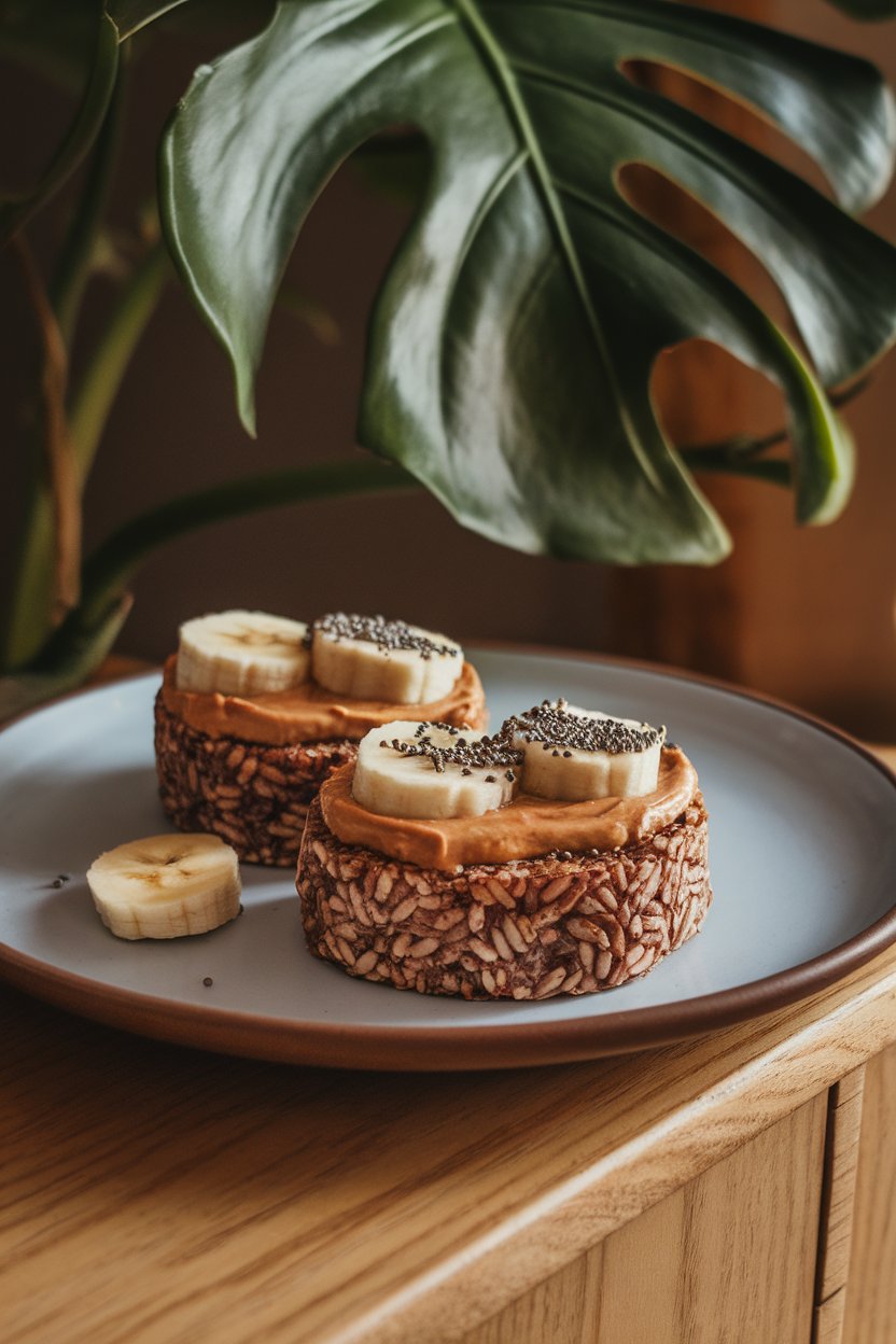 An indoor snack plate with two brown-rice cakes spread with peanut butter and topped with banana slices and chia seeds. Warm ambient light, no text or logos.