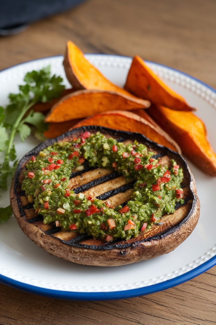 Photo prompt: Indoor plate showcasing a grilled portobello mushroom cap topped with vibrant green chimichurri sauce, served next to roasted sweet potato wedges. No text or logos.