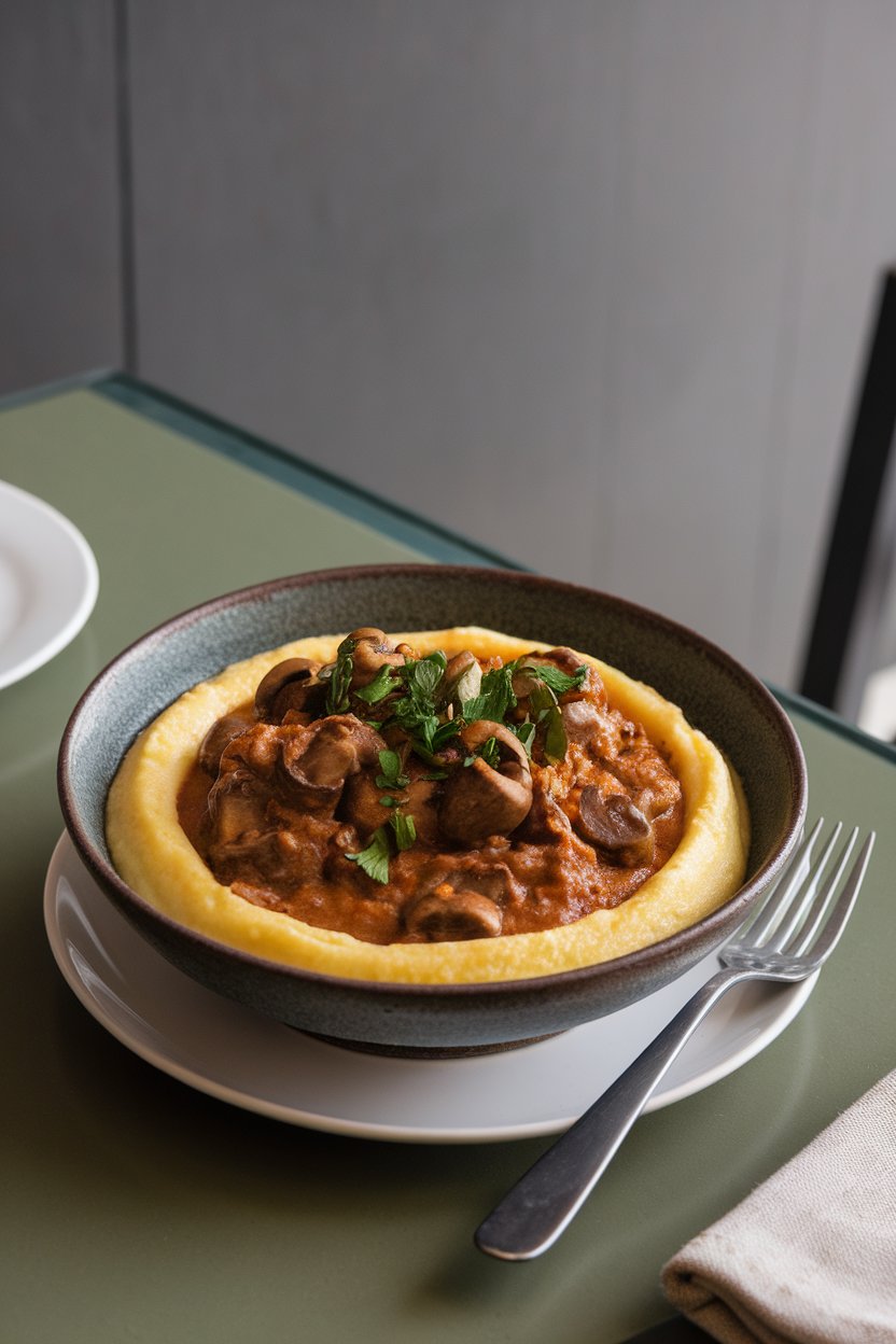 Indoor dining table showing a bowl of creamy polenta topped with a hearty mushroom ragù and chopped parsley. Photo, no text or logos.