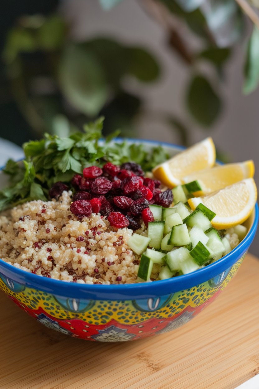 Indoor photo of a colorful salad bowl filled with fluffy quinoa, dried cranberries, diced cucumber, and chopped parsley, lemon wedges on the side. No text or logos.