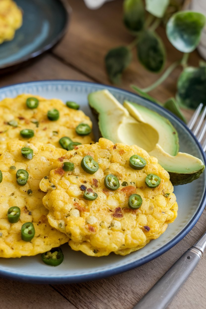 Indoor savory platter with yellow corn pancakes speckled with green jalapeño bits, avocado slices on side; no logos.