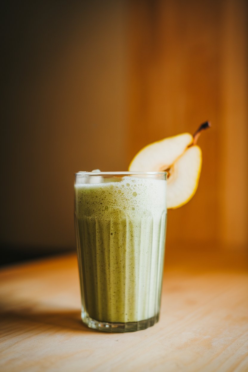 Indoor photo of a tall glass filled with frothy green smoothie, thin pear slice on rim, no text or logos.