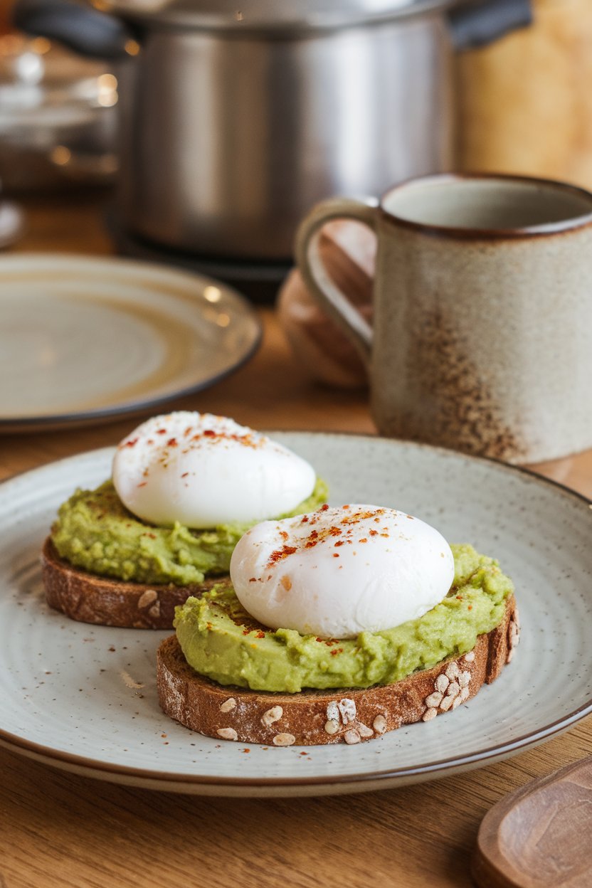 A warmly lit indoor breakfast table with two slices of whole-grain toast topped with mashed avocado, a perfectly poached egg, and a sprinkle of chili flakes. Soft shadows, no text or logos in view. Photo, not illustration.