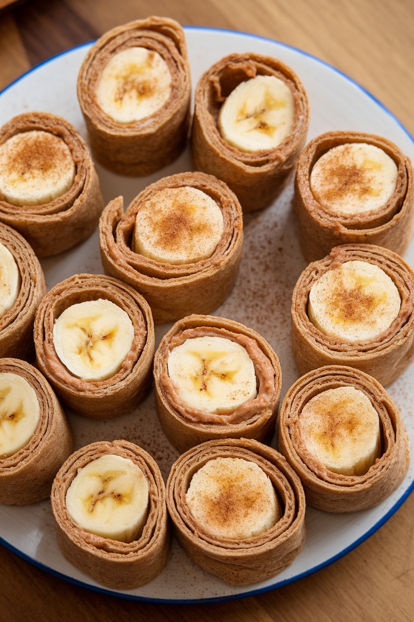 Indoor photo of whole-grain tortillas spread with almond butter, wrapped around banana halves, then sliced into bite-sized pinwheels on a plate. No text or logos.