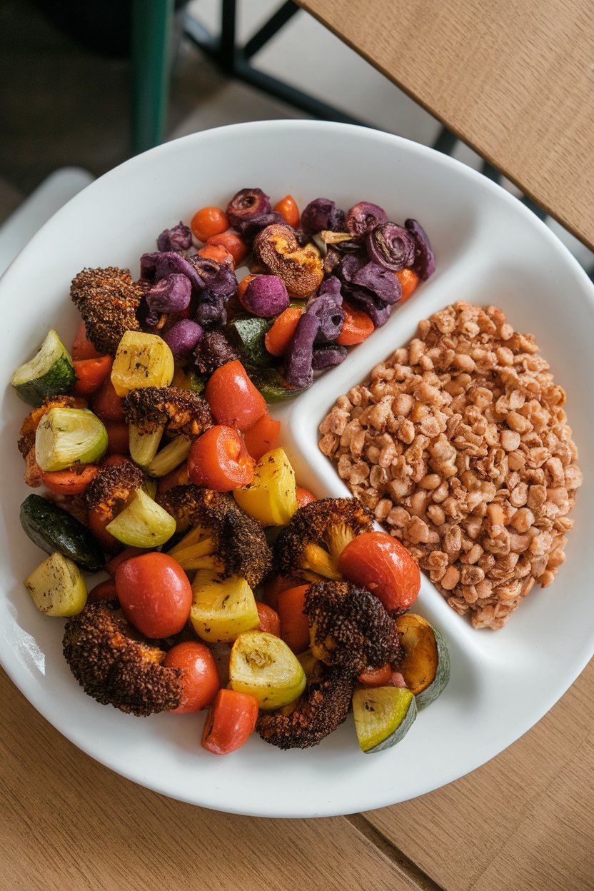 Indoor plate where half the surface is covered with roasted mixed vegetables, remaining half split between protein and whole grains. No text or logos, photo not illustration.